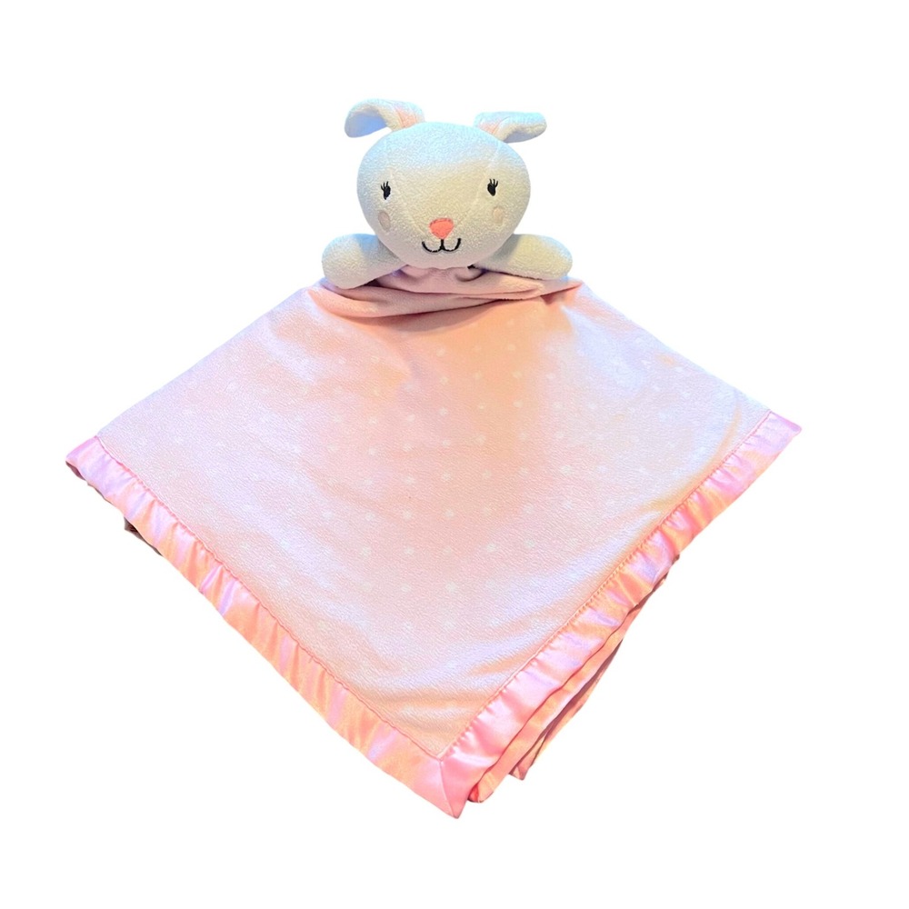 Cloud Island Pink White Polka Dot Bunny Security Blanket Lovey Large Satin Trim